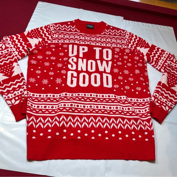 Red White Ugly Christmas Sweater "Up To Snow Good" Large Tall Winter Snow Trees - Picture 13 of 13